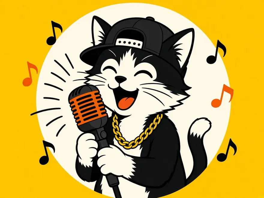Cartoon cat in a cap and gold chain rapping into a microphone